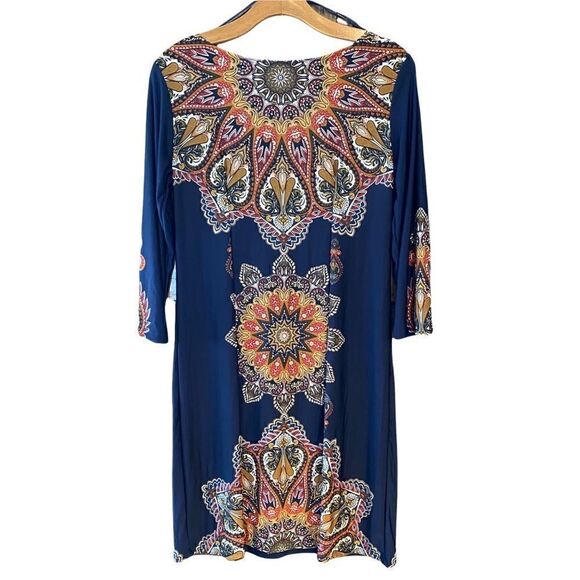 Haani S Blue Bali Bohemian Paisley Relaxed Long Sleeve Workwear Shift Dress - Picture 2 of 11